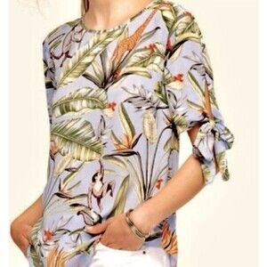 Ann Taylor Tropical Blue Short Sleeve blouse Lightweight Monkey Vacation -XS